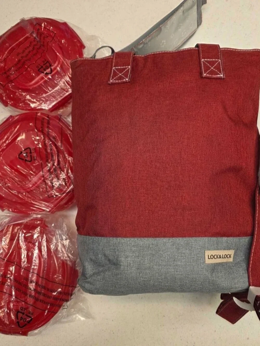 LocknLock Insulated Tote With 3-Piece Storage Set Red Gray Lock & Lock - NEW
